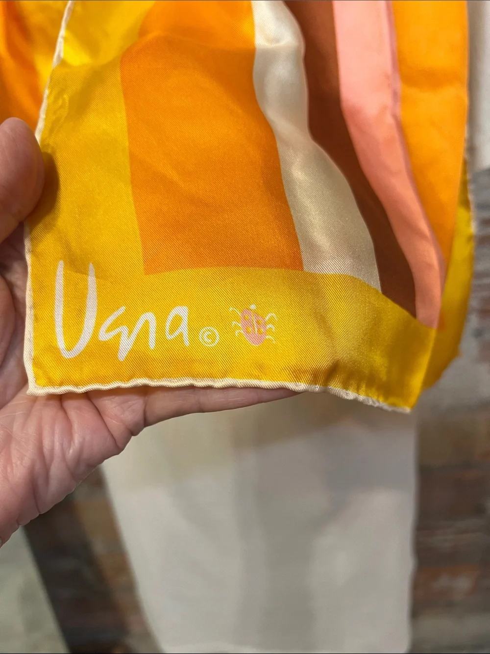 Vintage Vera Neumann silk Oblong Scarf hand rolled mustard orange pink & brown